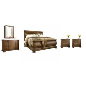 Pemberly Row Set of 5 Bedroom Set with King Wooden Sleigh Bed in Brown