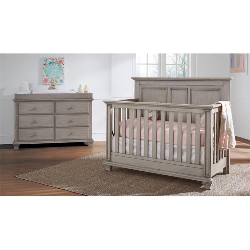Pemberly Row Set of 3 4-in-1 Convertible Crib & Chest & Nightstand in Wash Gray