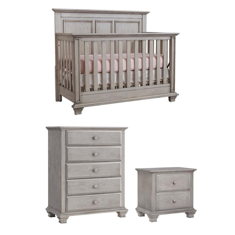 Pemberly Row Set of 3 4-in-1 Convertible Crib & Chest & Nightstand in Wash Gray
