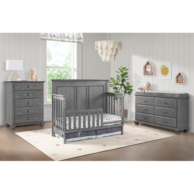 Pemberly Row Set of 3 4-in-1 Convertible Crib & Chest & Nightstand in Gray