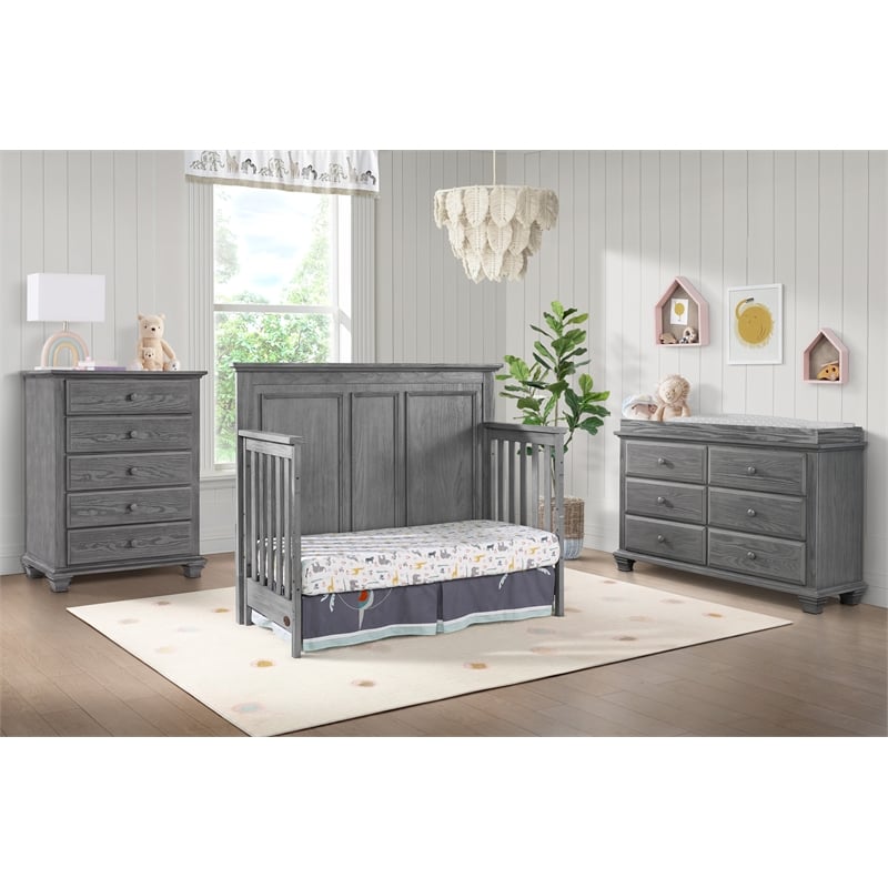 Pemberly Row Set of 3 4-in-1 Convertible Crib & Chest & Nightstand in Gray