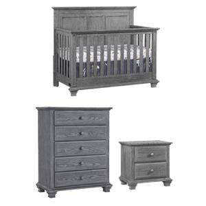 Pemberly Row Set of 3 4-in-1 Convertible Crib & Chest & Nightstand in Gray