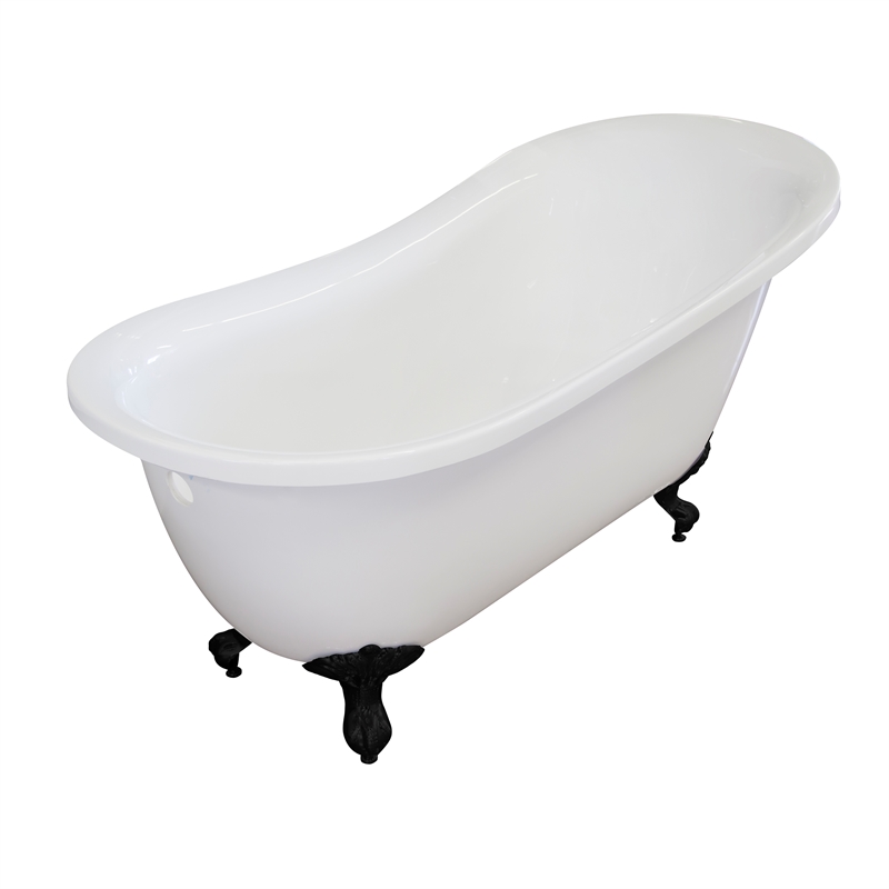 Pemberly Row Acrylic 61 X30 X33 Single Slipper Clawfoot Tub with Black Feet