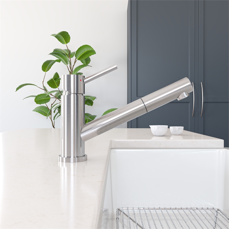 Pemberly Row Solid Brushed Stainless Steel Pull Out Single Hole Kitchen Faucet