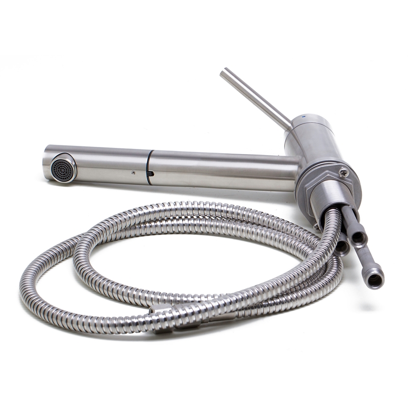 Pemberly Row Solid Brushed Stainless Steel Pull Out Single Hole Kitchen Faucet