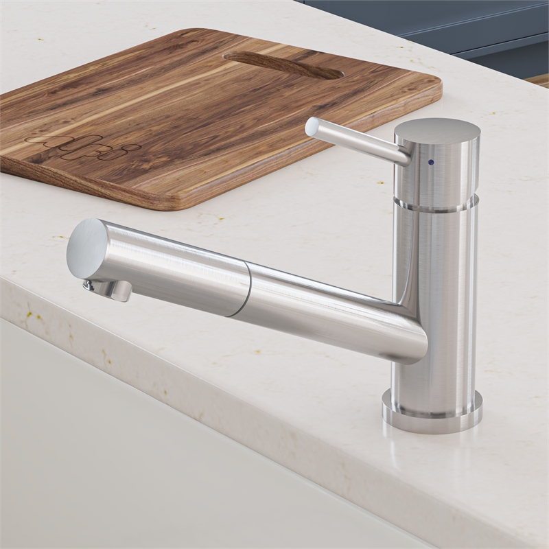 Pemberly Row Solid Brushed Stainless Steel Pull Out Single Hole Kitchen Faucet