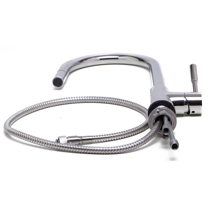 Pemberly Row Solid Polished Stainless Steel Single Hole Pull Down Kitchen Faucet