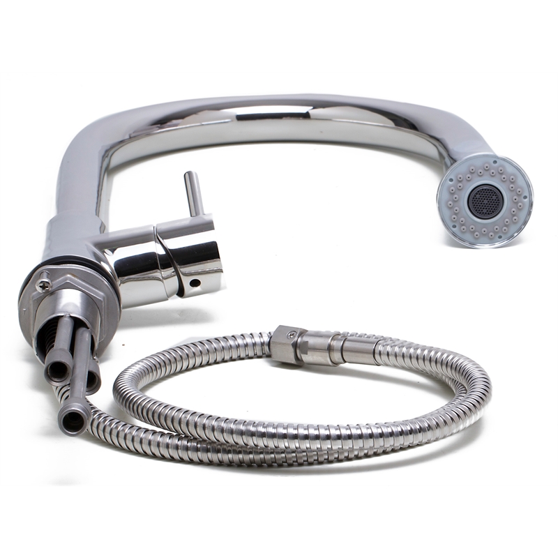 Pemberly Row Solid Polished Stainless Steel Pull Down Single Hole Kitchen Faucet