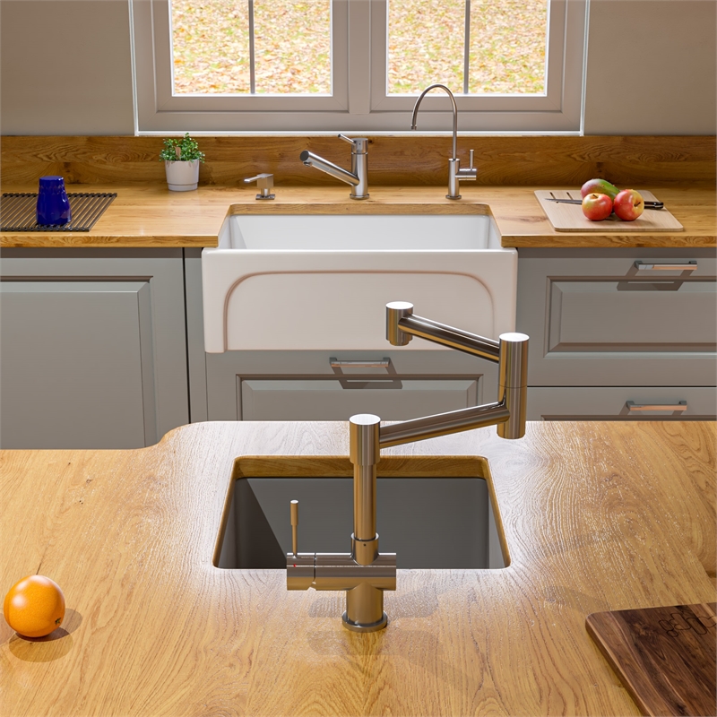 Pemberly Row Brushed Stainless Steel Retractable Single Hole Kitchen Faucet