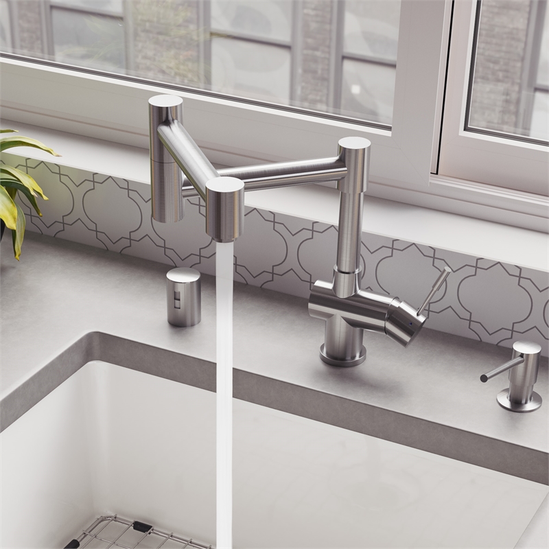 Pemberly Row Brushed Stainless Steel Retractable Single Hole Kitchen Faucet
