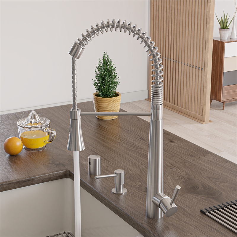 Pemberly Row Solid Stainless Steel Kitchen Faucet w Pull Down Shower Spray
