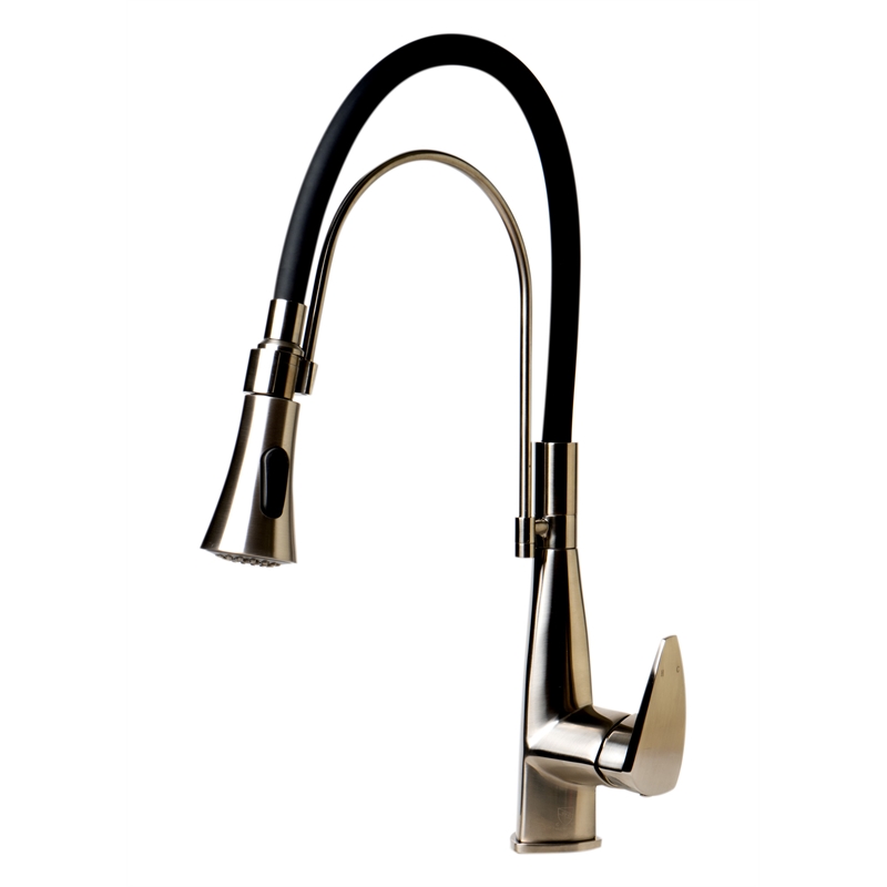 Pemberly Row Brushed Nickel Kitchen Faucet with Black Rubber Stem