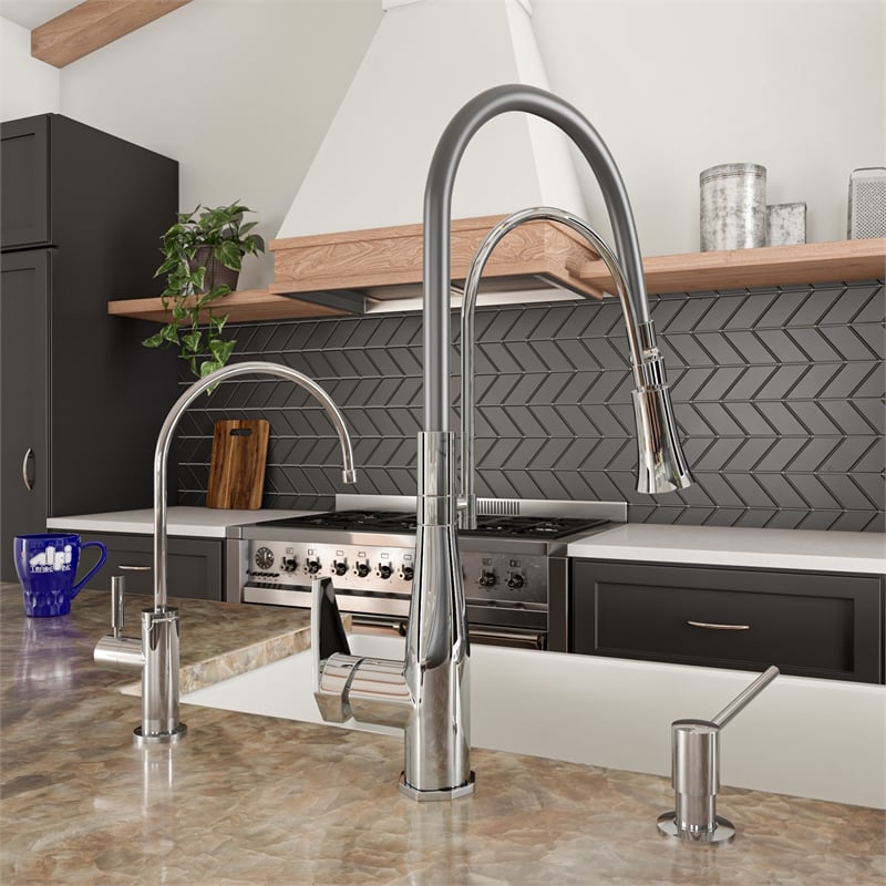Pemberly Row Polished Chrome Kitchen Faucet with Black Rubber Stem