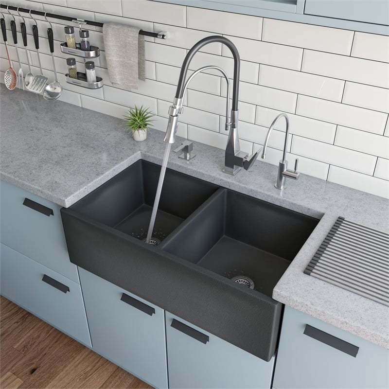 Pemberly Row Brushed Nickel Square Kitchen Faucet w Black Rubber Stem