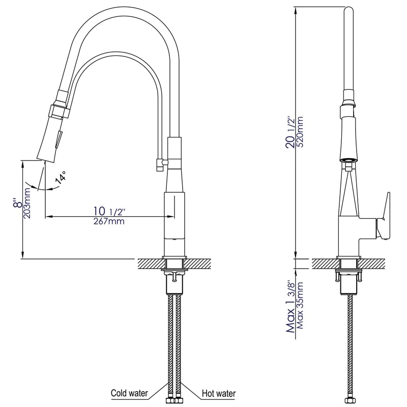 Pemberly Row Brushed Nickel Square Kitchen Faucet w Black Rubber Stem