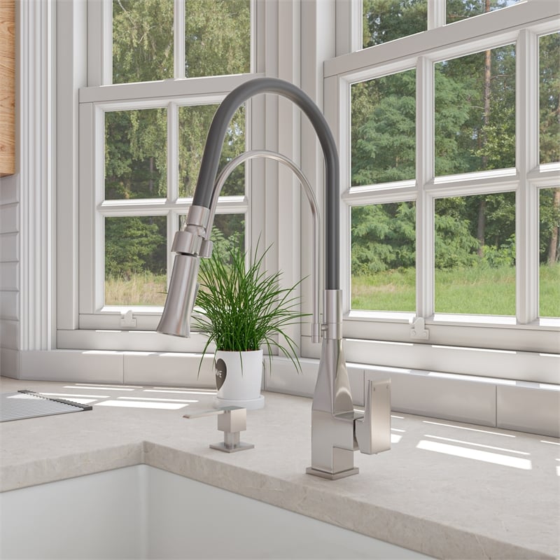Pemberly Row Brushed Nickel Square Kitchen Faucet w Black Rubber Stem
