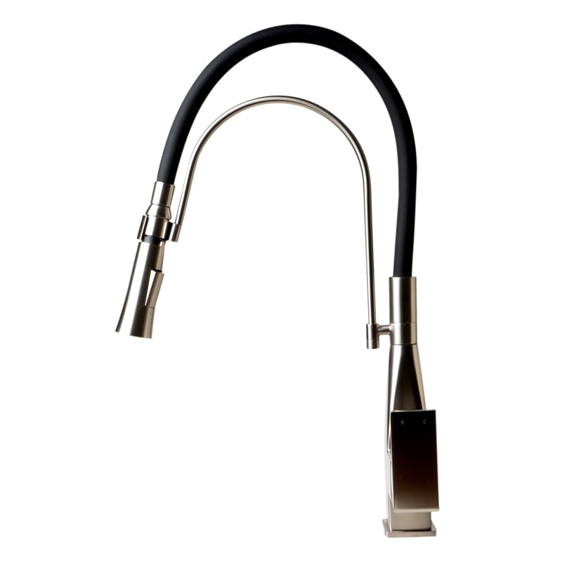 Pemberly Row Brushed Nickel Square Kitchen Faucet w Black Rubber Stem