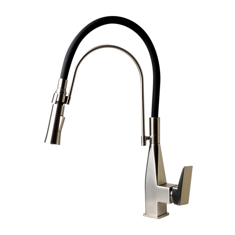 Pemberly Row Brushed Nickel Square Kitchen Faucet w Black Rubber Stem