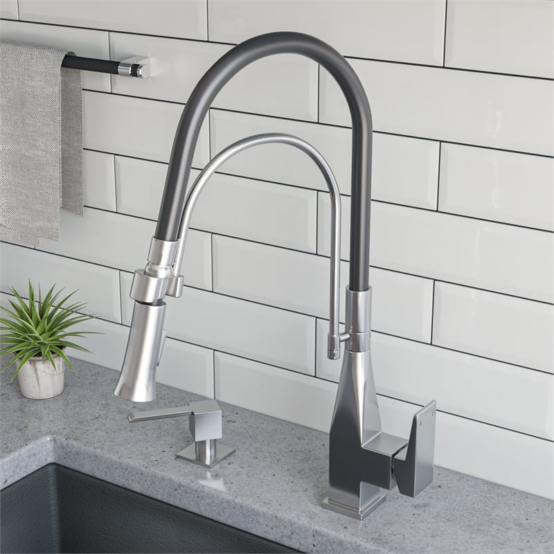 Pemberly Row Brushed Nickel Square Kitchen Faucet w Black Rubber Stem