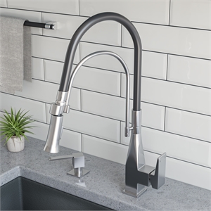 Pemberly Row Brushed Nickel Square Kitchen Faucet w Black Rubber Stem