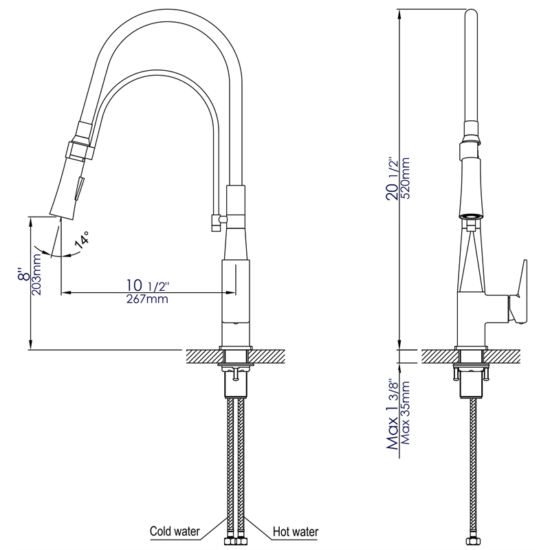 Pemberly Row Polished Chrome Square Kitchen Faucet w Black Rubber Stem