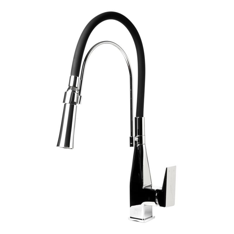Pemberly Row Polished Chrome Square Kitchen Faucet w Black Rubber Stem