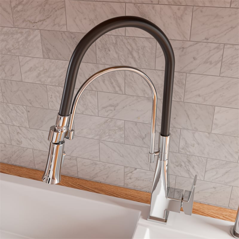 Pemberly Row Polished Chrome Square Kitchen Faucet w Black Rubber Stem