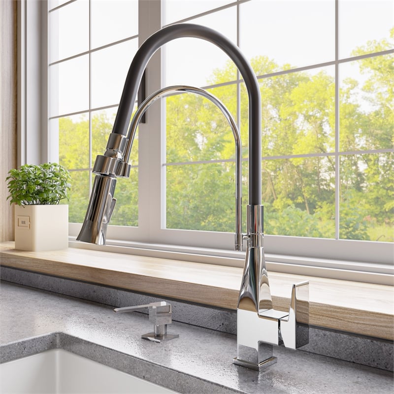 Pemberly Row Polished Chrome Square Kitchen Faucet w Black Rubber Stem