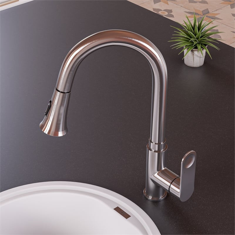 Pemberly Row Brushed Nickel Gooseneck Pull Down Kitchen Faucet