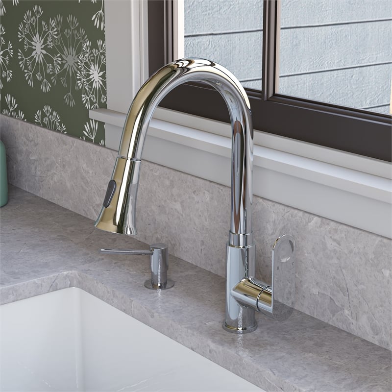 Pemberly Row Polished Chrome Gooseneck Pull Down Kitchen Faucet