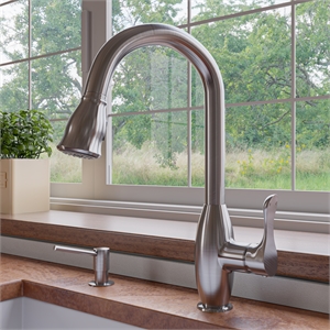 Pemberly Row Brushed Nickel Traditional Gooseneck Pull Down Kitchen Faucet
