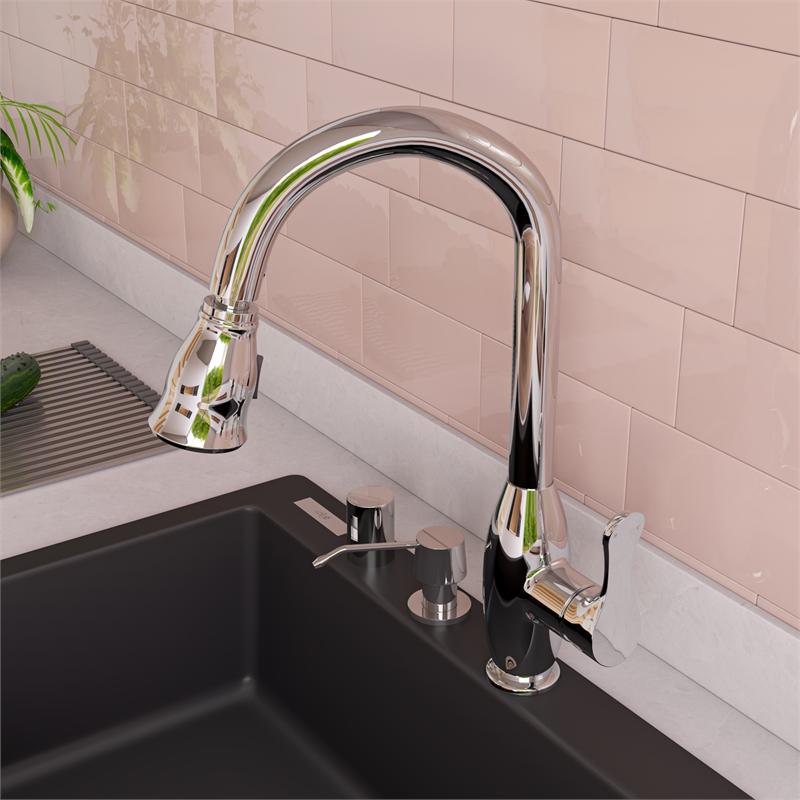 Pemberly Row Polished Chrome Traditional Gooseneck Pull Down Kitchen Faucet