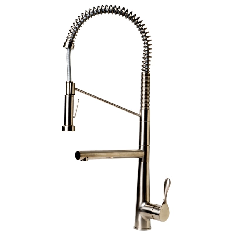 Pemberly Row Brushed Nickel Double Spout Commercial Spring Kitchen Faucet