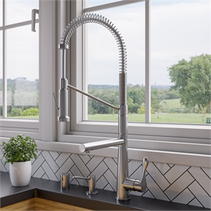 Pemberly Row Brushed Nickel Double Spout Commercial Spring Kitchen Faucet
