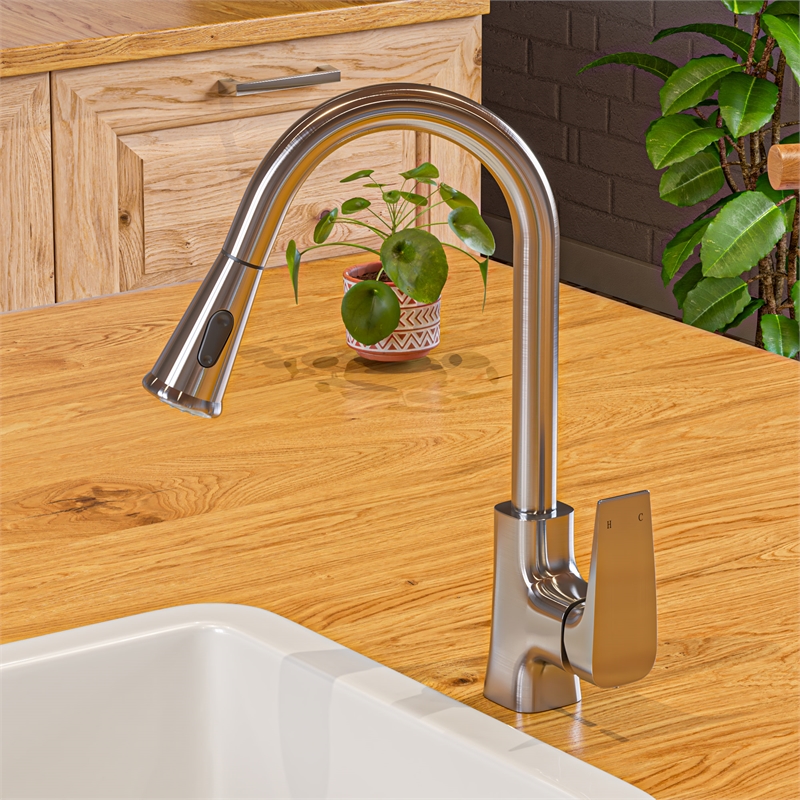 Pemberly Row Brushed Nickel Square Gooseneck Pull Down Kitchen Faucet