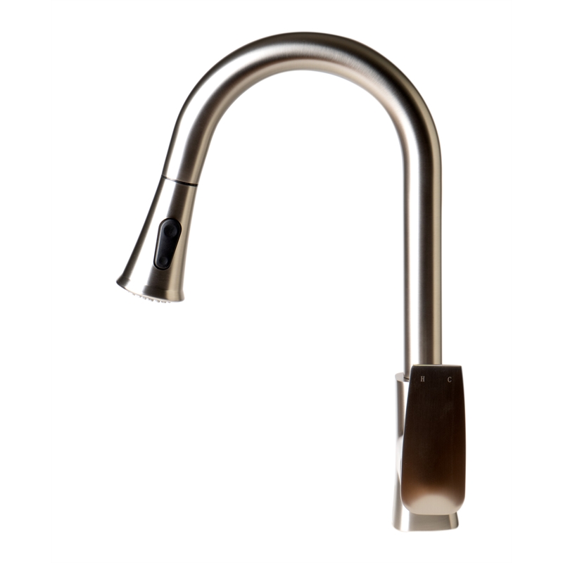 Pemberly Row Brushed Nickel Square Gooseneck Pull Down Kitchen Faucet