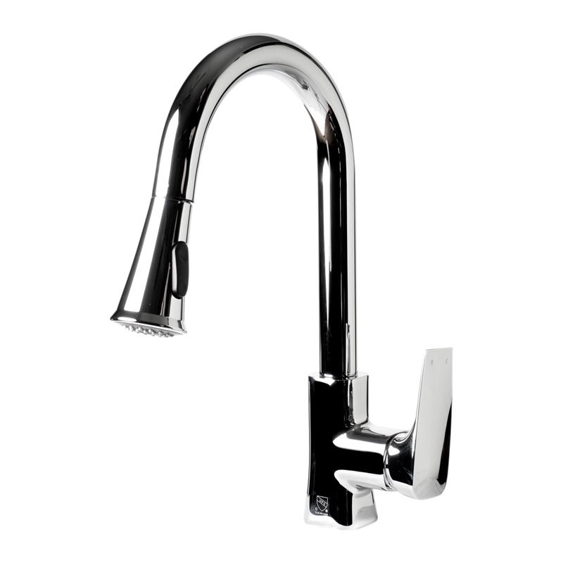Pemberly Row Polished Chrome Square Gooseneck Pull Down Kitchen Faucet