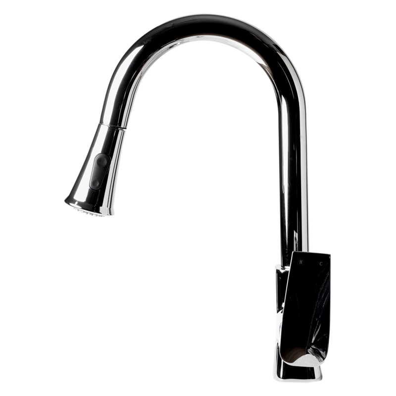 Pemberly Row Polished Chrome Square Gooseneck Pull Down Kitchen Faucet