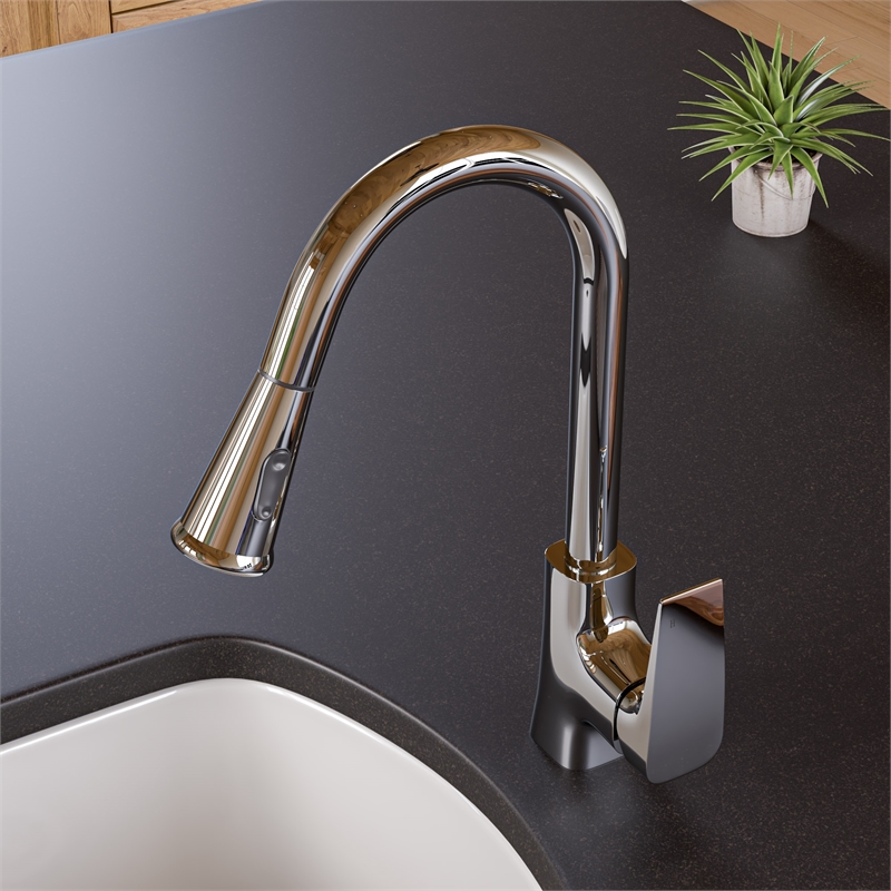 Pemberly Row Polished Chrome Square Gooseneck Pull Down Kitchen Faucet