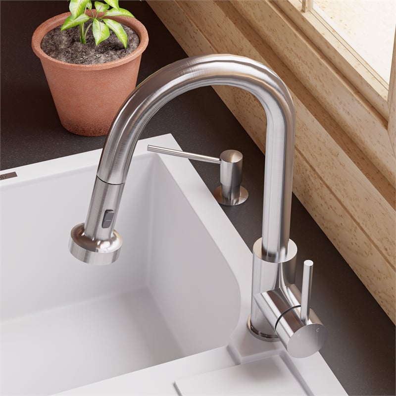 Pemberly Row Brushed Nickel Sensor Gooseneck Pull Down Kitchen Faucet