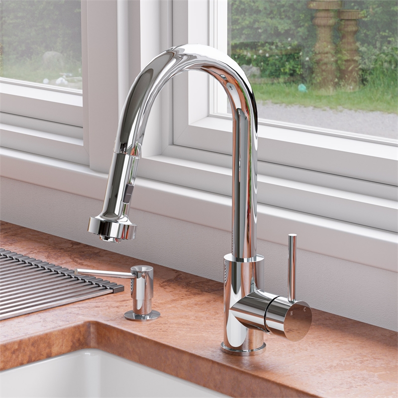 Pemberly Row Polished Chrome Sensor Gooseneck Pull Down Kitchen Faucet