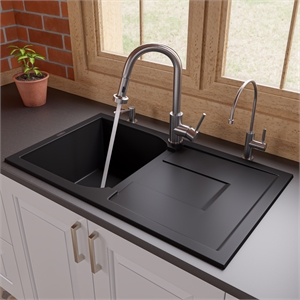Pemberly Row Black 34&quot Single Bowl Granite Composite Kitchen Sink w/ Drainboard