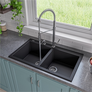 Pemberly Row Black 34&quot Drop-In Double Bowl Granite Composite Kitchen Sink