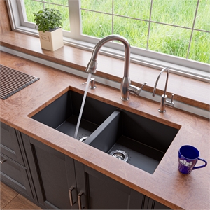 Pemberly Row Black 34&quot Undermount Double Bowl Granite Composite Kitchen Sink