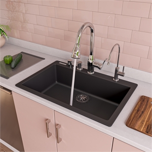 Pemberly Row Black 30&quot Drop-In Single Bowl Granite Composite Kitchen Sink