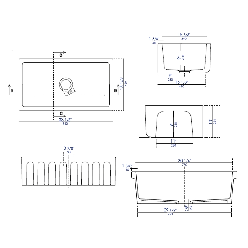 Pemberley Row Fireclay Black Gloss Farm Sink Rectangular Reversible 33.125