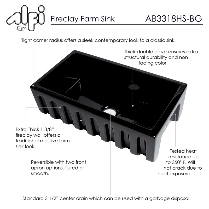 Pemberley Row Fireclay Black Gloss Farm Sink Rectangular Reversible 33.125