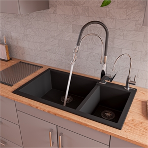 Pemberly Row Black 34&quot Double Bowl Drop In Granite Composite Kitchen Sink