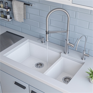 Pemberly Row White 34&quot Double Bowl Undermount Granite Composite Kitchen Sink