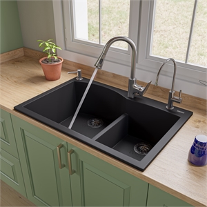 Pemberly Row Black 33&quot Double Bowl Drop In Granite Composite Kitchen Sink